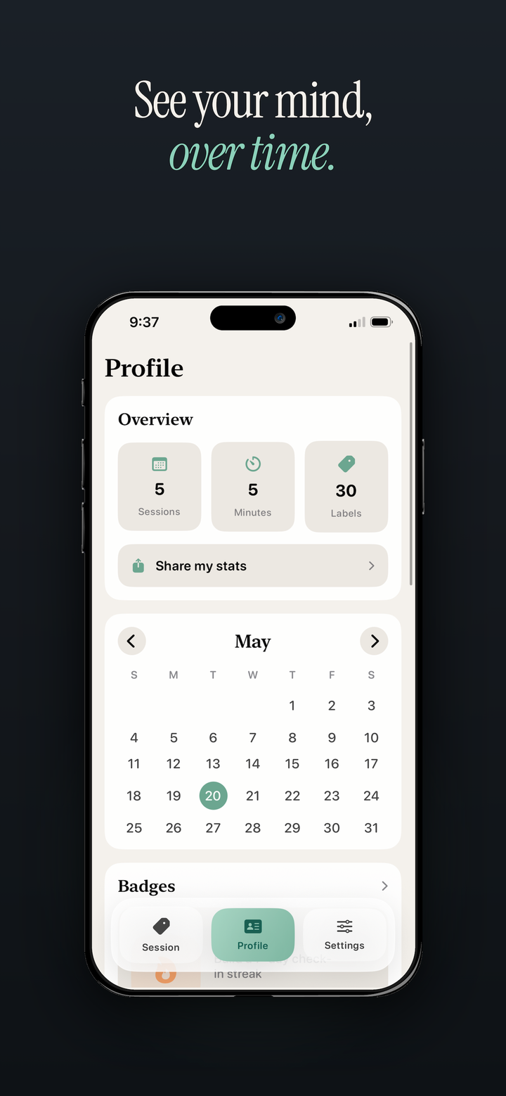 Labels profile screen with session stats, a practice calendar, and badges for spotting patterns over time